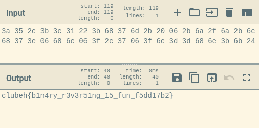 Screenshot of CyberChef input and output panes. Input contains hex values, output contains the flag: &lsquo;clubeh{b1n4ry_r3v3r51ng_15_fun_f5dd17b2}&rsquo;