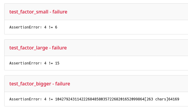 partial results with factor test cases, all failed. output shows AssertionErrors of the form 4 != number.